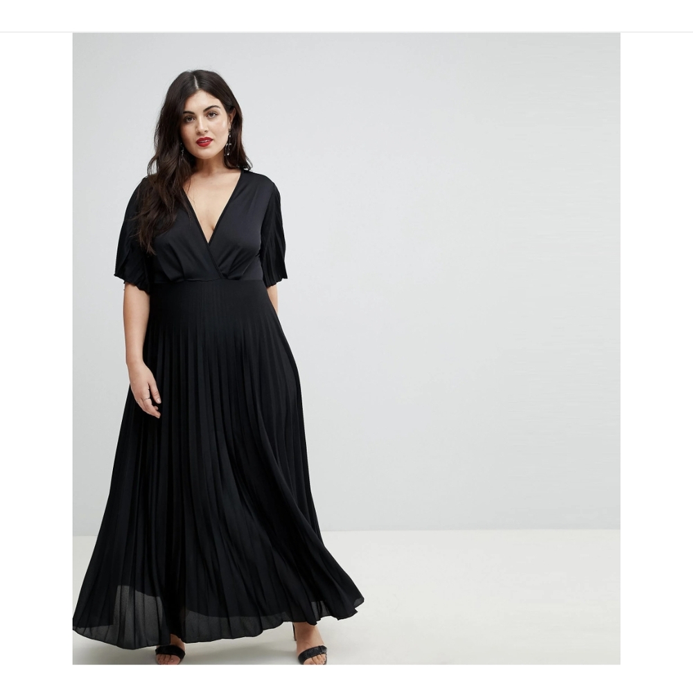 ASOS Black Pleated Maxi Dress with V-Neck